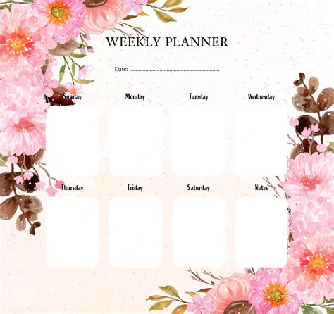 Premium Vector | Elegant pink watercolor floral weekly planner