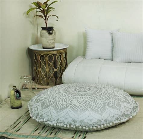 Sparkly Silver Classic Ombre Mandala Round Floor Pillow Cover ...