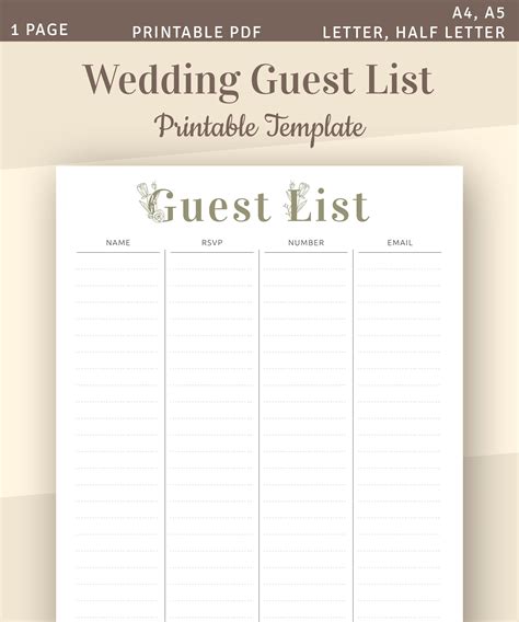 Wedding Guest List Printable Wedding Template Guest List - Etsy