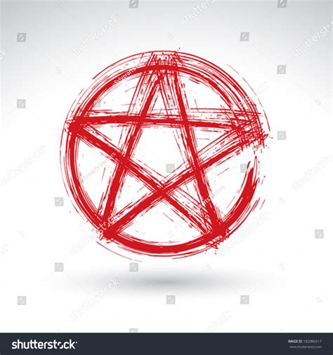 Hand Drawn Pentagram Icon Scanned And Vectorized, Brush Drawing Red ...