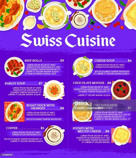 Swiss Restaurant Cuisine Menu Page Vector Template Stock Illustration - Download Image Now ...
