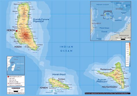 Detailed physical map of Comoros with cities, roads and airports ...