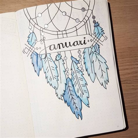 Bullet journal monthly cover page, dreamcatcher drawing, feather drawings, January cover page ...