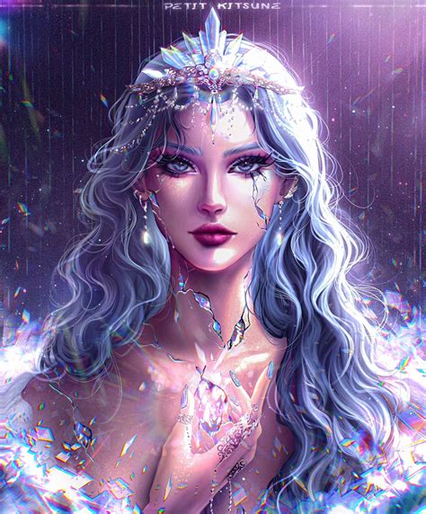 a painting of a woman with blue hair and jewelry on her head, in the rain