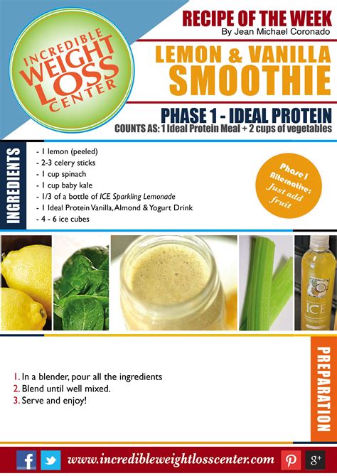 IDEAL PROTEIN - PHASE 1 RECIPE LEMON & VANILLA SMOOTHIE Looking for something refreshing this ...