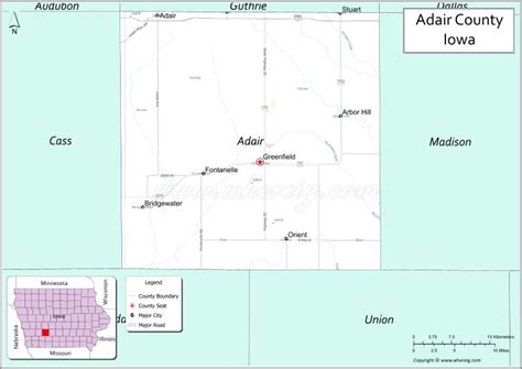 Map of Adair County, Iowa showing cities, highways & important places ...