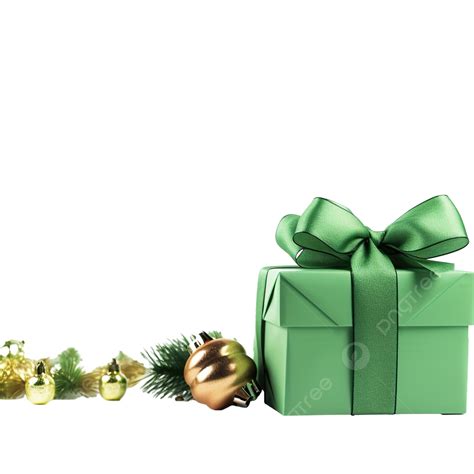 Christmas Gift Box With Green Ribbon Bow On Table With Copy Space, Craft, View, 4k PNG ...