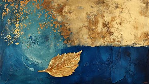 Painting of a Leaf on a Blue and Gold Background Stock Illustration ...