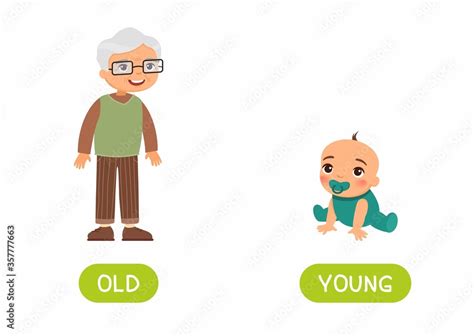 Opposites concept, OLD and YOUNG. Word card for language learning. Old man and baby. Flashcard ...