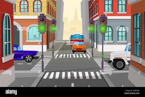 Vector cartoon illustration city crossroad with green traffic lights ...