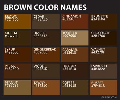 20 shades of brown with names, hex codes and rgb values listed. Brown Pantone, Pantone Color ...
