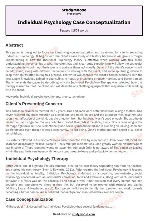 Individual Psychology Case Conceptualization: Free Essay Example