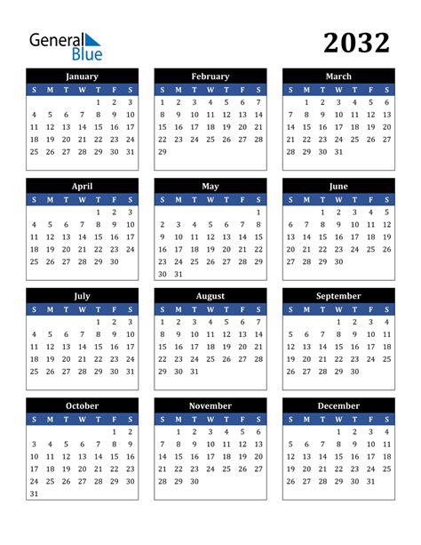 2032 Calendar (PDF, Word, Excel)