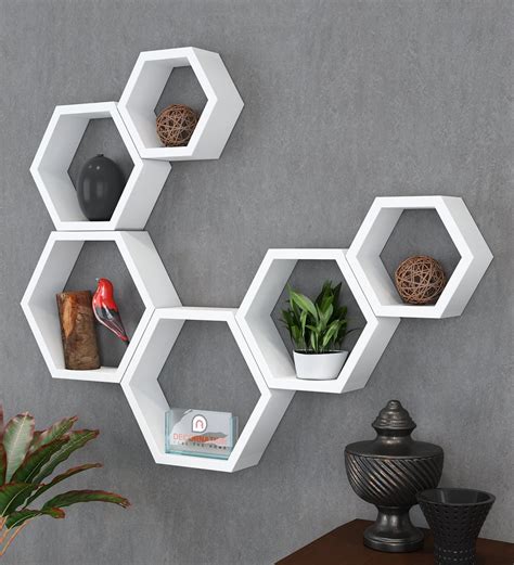 Buy Set of 6 Engineered Wood Hexagon Shape Wall Shelf in White Colour by Decornation Online ...