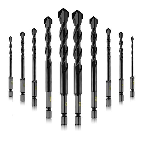 10-Piece Masonry Drill Bits Kit for Concrete, Stone, Carbide Drill Bit Set for Glass, Brick ...