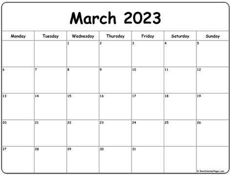 March 2023 Monday Calendar | Monday to Sunday