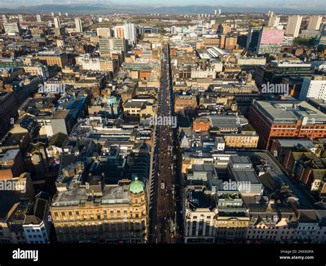 Aerial view from drone of Buchanan Street and skyline of Glasgow city ...