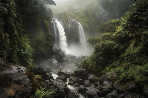 Premium Photo | Stunning shot of a towering waterfall its mist and ...