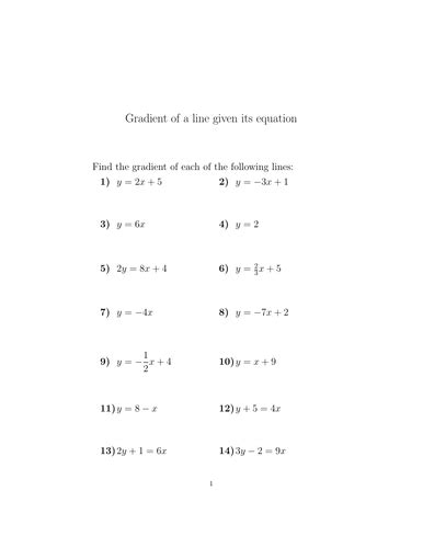 Gradient of a line given its equation worksheet (with solutions) | Teaching Resources