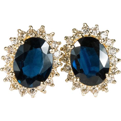 Genuine Sapphire Diamond Stud Earrings 585 14k Gold Pierced Studs SOLD on Ruby Lane