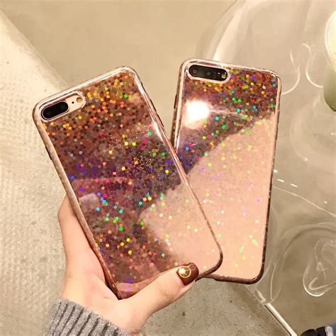 Rose Gold Laser Sequin Phone Case For iphone X 10 iphone 8 Plus Glitter Bling Glossy Cover For ...