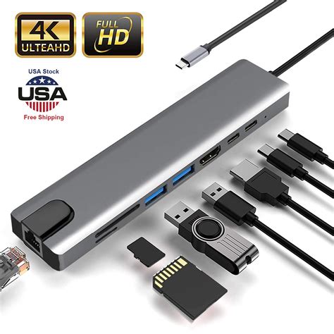 8 in 1 4K Multiport Type C To USB-C HDMI Adapter USB 3.0 Cable Hub For ...