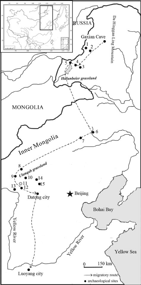 Sketch map for the migratory routes of the Tuoba Xianbei and related... | Download Scientific ...