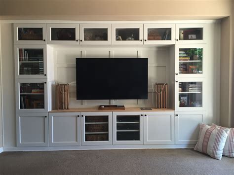 Built in media using IKEA cabinets and lumber. Wall Cabinets Living ...