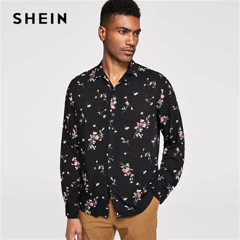 Aliexpress.com : Buy SHEIN Men Black Botanical Floral Print Buttoned Shirt Casual Cotton Long ...