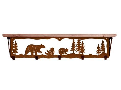 34" Bear Family Metal Wall Shelf and Hooks with Pine Wood Top - Rustic Shelving