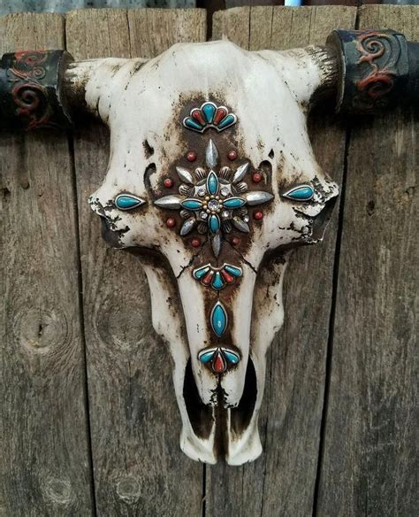 Rustic Western resin cow skull w turquoise jewels aztec 21" × 13" home ...