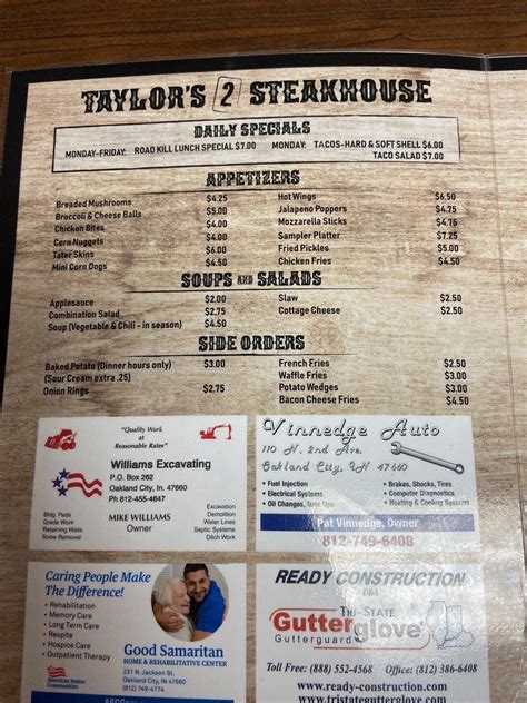 Menu at Taylor's 2 Steakhouse, Oakland City