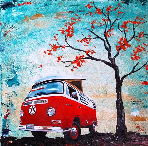 1970 Red Volkswagen Camper Bus Painting by Sheri Wiseman