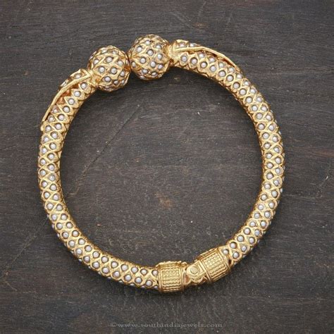 24 Carat Gold Plated Pearl Kada Bangle - South India Jewels