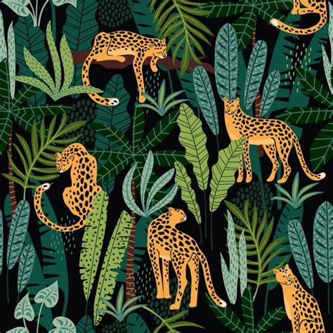 Vestor seamless pattern with leopards and tropical leaves. 276737 ...