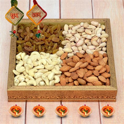 Diwali Dryfruits in A Wooden Square Tray, Dryfruits Thali on Diwali