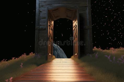 Mysterious Door in the Dark. Fantasy World Stock Illustration - Illustration of construction ...