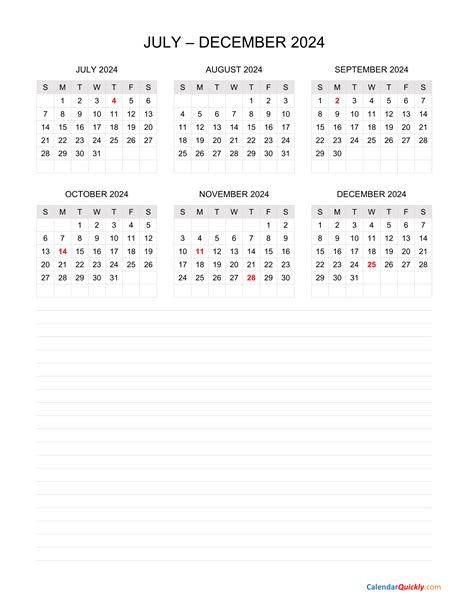 July to December 2024 Calendar with Notes | Calendar Quickly