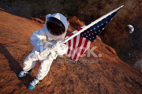 Astronaut On Mars With An American Flag Stock Photo | Royalty-Free ...