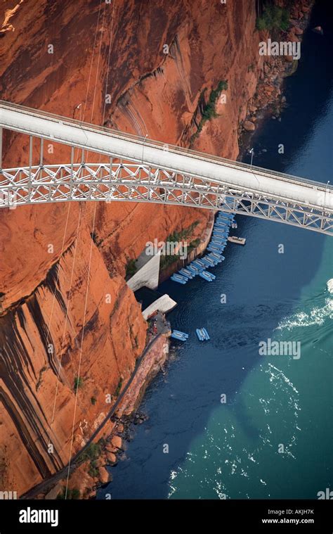 Aerial of Glen Canyon Dam Bridge over river gorge in Arizona USA Stock Photo - Alamy