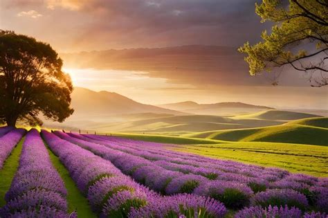 Premium Photo | Lavender fields in the sunset