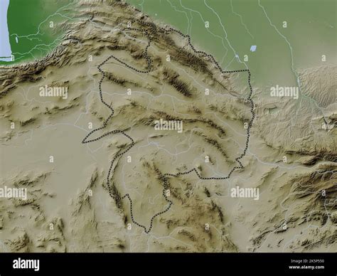 Razavi Khorasan, province of Iran. Elevation map colored in wiki style with lakes and rivers ...