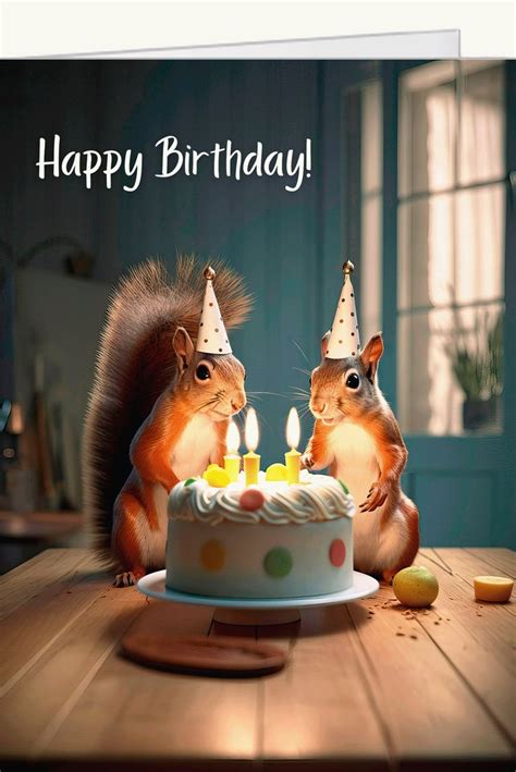 Squirrel Birthday Card With Birthday Cake Birthday Hats Birthday Candles Two Squirrels ...