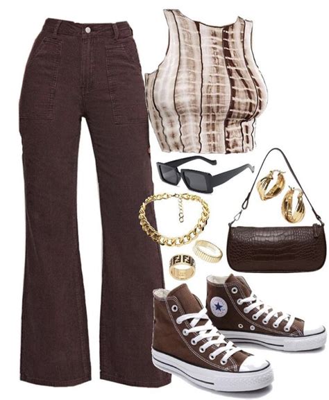 brown ripple print top + brown flared jeans + brown converse + gold ...