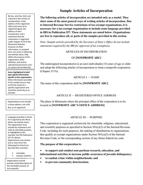 Articles of Incorporation for NonProfit Corporation in Word and Pdf formats