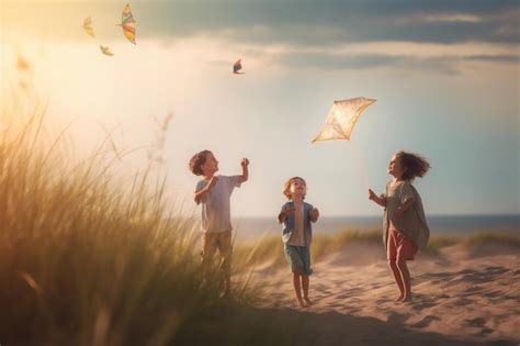 Premium AI Image | Kids flying kites on a windy beach summer