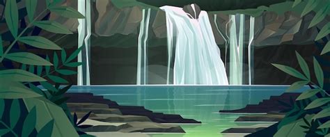 Free Vector | Waterfall in jungle with trees and mountains. Vector ...