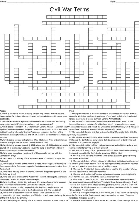 Civil War Terms Crossword - WordMint