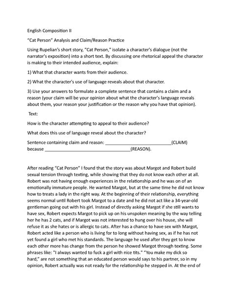 Cat Person - essay - English Composition II “Cat Person” Analysis and Claim/Reason Practice ...