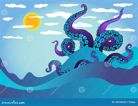 Octopus Tentacle In Sea Waves. Underwater Ocean Monster Kraken Cartoon ...